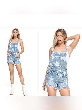 Risen Star Print
Distressed Denim Short Overalls L Excellent Condition.